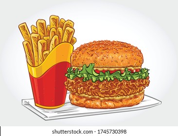 Crispy Chicken Burger With Thick Cut Fries, Vector Illustration.