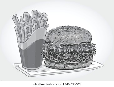 Crispy Chicken Burger With Thick Cut Fries, Grayscale Vector Illustration.