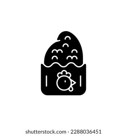Crispy chicken cutlet black glyph icon. Taiwanese style fried street food. Night markets taste. Breading bird meat. Savory snack. Silhouette symbol on white space. Vector isolated illustration