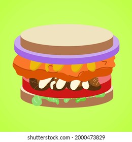 crispy chicken and grilled mushrooms with mayonnaise and mustard wheat round sandwich isolated on lime background, culture food vector illustration design.