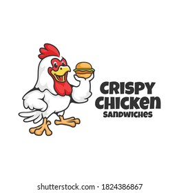 Crispy Chicken Sandwiches mascot. rooster holding sandwich. vector illustration.