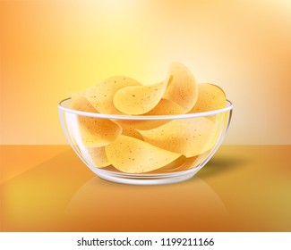 Crispy chips in glass bowl as snack to beer. Fast food meal made of fried slices of potato in heap inside dishware realistic 3D vector illustration.