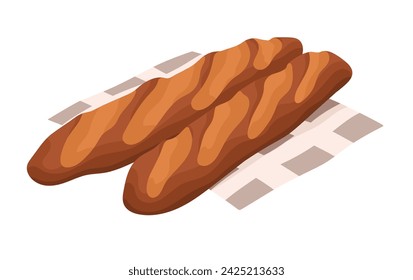 Crispy classic baguette. Long thin French bread of lean flour. Pastry goods on kitchen towel. Fresh baked food, tasty bakery. Bakehouse products. Flat isolated vector illustration on white background