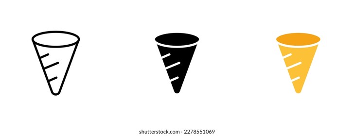 A crispy, cone-shaped pastry filled with ice cream or other sweet fillings, commonly known as a waffle cone. Vector set of icons in line, black and colorful styles isolated.