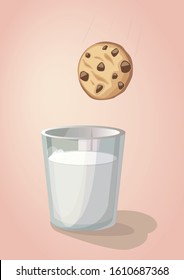 Crispy cookie with chocolate falling into a glass of milk on a ight pink background 
