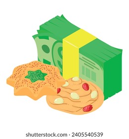 Crispy cookie icon isometric vector. Shortbread cookie and dollar banknote stack. Dessert, sweet food