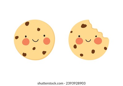Crispy cookie illustration with a bite. Doodle flat style illustration smile cookies.