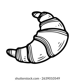 Crispy croissant. Hand drawn doodle vector. Baked tasty breakfast food. Confectionery bun. Puff pastry croissant. Bakery cafe menu. Illustration line art element.
