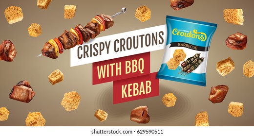 Crispy croutons ads. Vector realistic illustration of croutons with BBQ kebab. Horisontal banner with product.