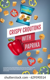 Crispy croutons ads. Vector realistic illustration of croutons with paprika. Vertical poster with product.