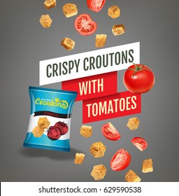 Crispy croutons ads. Vector realistic illustration of croutons with tomato. Poster with product.