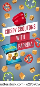 Crispy croutons ads. Vector realistic illustration of croutons with paprika. Vertical banner with product.