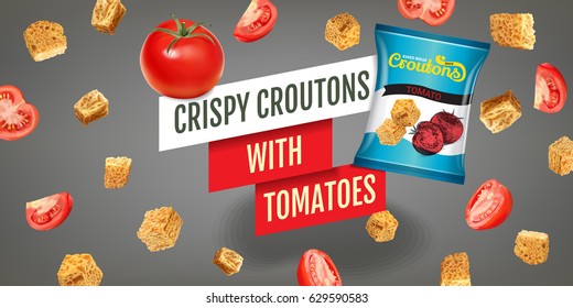 Crispy croutons ads. Vector realistic illustration of croutons with tomato. Horisontal banner with product.