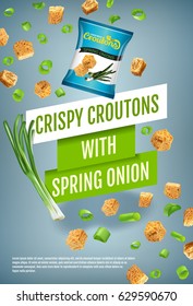 Crispy croutons ads. Vector realistic illustration of croutons with spring onion. Vertical poster with product.
