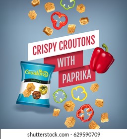 Crispy croutons ads. Vector realistic illustration of croutons with paprika. Poster with product.