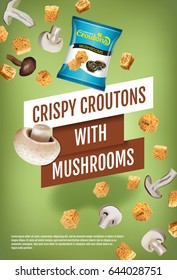 Crispy croutons ads. Vector realistic illustration of croutons with mushrooms. Vertical poster with product.