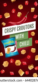 Crispy croutons ads. Vector realistic illustration of croutons with chilli. Vertical banner with product.