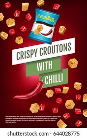 Crispy croutons ads. Vector realistic illustration of croutons with chilli. Vertical poster with product.