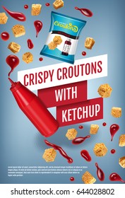 Crispy croutons ads. Vector realistic illustration of croutons with ketchup. Vertical poster with product.