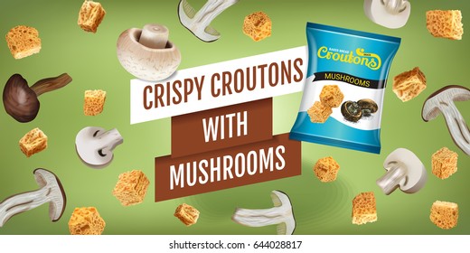 Crispy croutons ads. Vector realistic illustration of croutons with mushrooms. Horizontal banner with product.