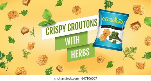 Crispy croutons ads. Vector realistic illustration of croutons with herbs. Horizontal banner with product.