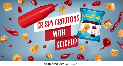 Crispy croutons ads. Vector realistic illustration of croutons with ketchup. Horizontal banner with product.