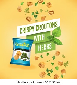 Crispy croutons ads. Vector realistic illustration of croutons with herbs. Poster with product.