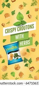 Crispy croutons ads. Vector realistic illustration of croutons with herbs. Vertical banner with product.