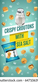 Crispy croutons ads. Vector realistic illustration of croutons with sea salt. Vertical banner with product.