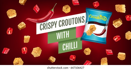 Crispy croutons ads. Vector realistic illustration of croutons with chilli. Horizontal banner with product.