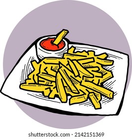 Crispy crunchy tasty French fries. Junk food for restaurant menu. Fried potatoes pommes frites unhealthy fast food. Hand drawn retro vintage colorful vector illustration. Comics cartoon style drawing.