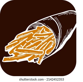 Crispy crunchy tasty French fries. Junk food for restaurant menu. Fried potatoes pommes frites unhealthy fast food. Hand drawn retro vintage vector illustration. Cartoon chalk board style drawing.