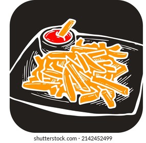 Crispy crunchy tasty French fries. Junk food for restaurant menu. Fried potatoes pommes frites unhealthy fast food. Hand drawn retro vintage vector illustration. Cartoon chalk board style drawing.