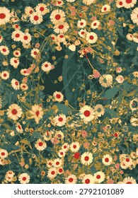 Crispy Daisy Flower Meadow Landscape Background with Spring Nature Aesthetic and Wild Botanical Bloom Scene, Vector Art, Artistic Botanical bloom scene Seamless Pattern