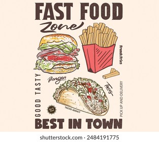 Crispy and delicious fast food artwork. Restaurant menu set. Weekend mood. Fast food design. Barger, pizza, tacos, donut and sauce design for t shirt print, poster, sticker, background and other uses.