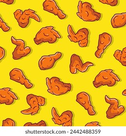 Crispy drumstick, wing and breast fried chicken seamless pattern. Fast food pattern background