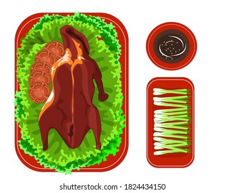 crispy duck on the table with sauce and spring onion, Chinese food vector illustration