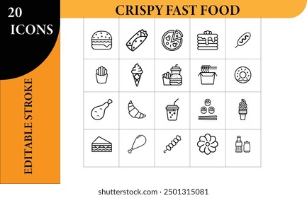 Crispy Fast Food Line Icon Set (Editable Stroke)