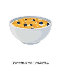 Crispy flakes with milk and berries in a ceramic bowl close-up. Vector illustration on white background.