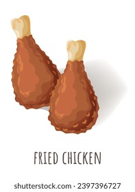 Palos de pollo frito crujientes y sabrosos. Pata aislada de gallo recubierta de harina o batata sazonada y sartén o frito profundo. Comida común en cadenas de restaurantes de comida rápida. Vector de estilo plano