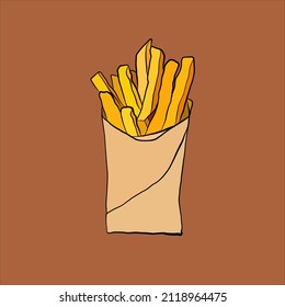 Crispy french fries in paper box vector hand drawing illustration isolated on white background. Fastfood, junk food vector illustration