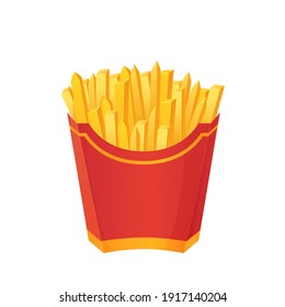 Crispy french fries in paper red box. Fastfood, junk food concept. Can be used as mockup. Stock vector illustration in cartoon realistic style isolated on white background