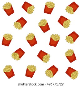 Crispy french fries seamless pattern with red  boxes of fried potato. For fast food background or takeaway restaurant menu design usage