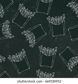 Crispy french fries seamless pattern with paper boxes of fried potato. Realistic Hand Drawn .Vector Illustration Isolated on a Black Chalkboard Background. Savoyar Doodle Style.