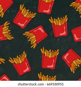 Crispy french fries seamless pattern with red paper boxes of fried potato. Realistic  Sketch.Vector Illustration Isolated on a Black Chalkboard Background. Savoyar Doodle Style.