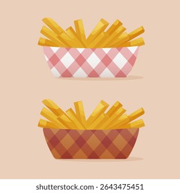 Crispy French fries served in charming checkered baskets. Bright cartoon-style vector, ideal for fast food menus, packaging, cafe ads, or children’s designs.