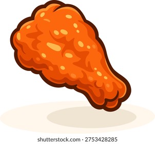 crispy fried buffalo chicken wing with a rich orange sauce, glistening with a glossy finish. The vibrant colors of the crispy coating stand out against the white background, adding to the cartoon-like, playful aesthetic of the design.