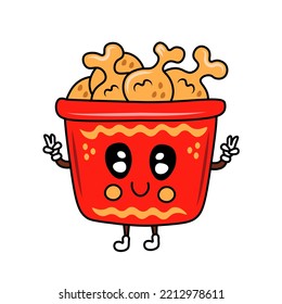 Crispy fried chicken box cute cartoon character. Kawaii fast food icon in doodle style. Testy chicken mascot for takeaway, delivery, cafe, restaurant, menu design