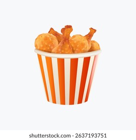 A crispy fried chicken bucket, with golden pieces of chicken. Fried chicken 3D render vector illustration. Barbecue grilled fried poultry, greasy fast food, tasty unhealthy snack with crispy fillet