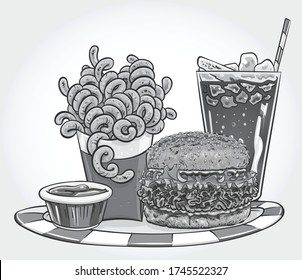 Knuspriger, gebratener Hühnerburger mit geschmeidigen Pommes frites und Eissoda, Graustufen Vektorgrafik.